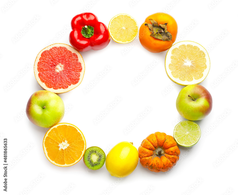 Frame made of different healthy products on white background