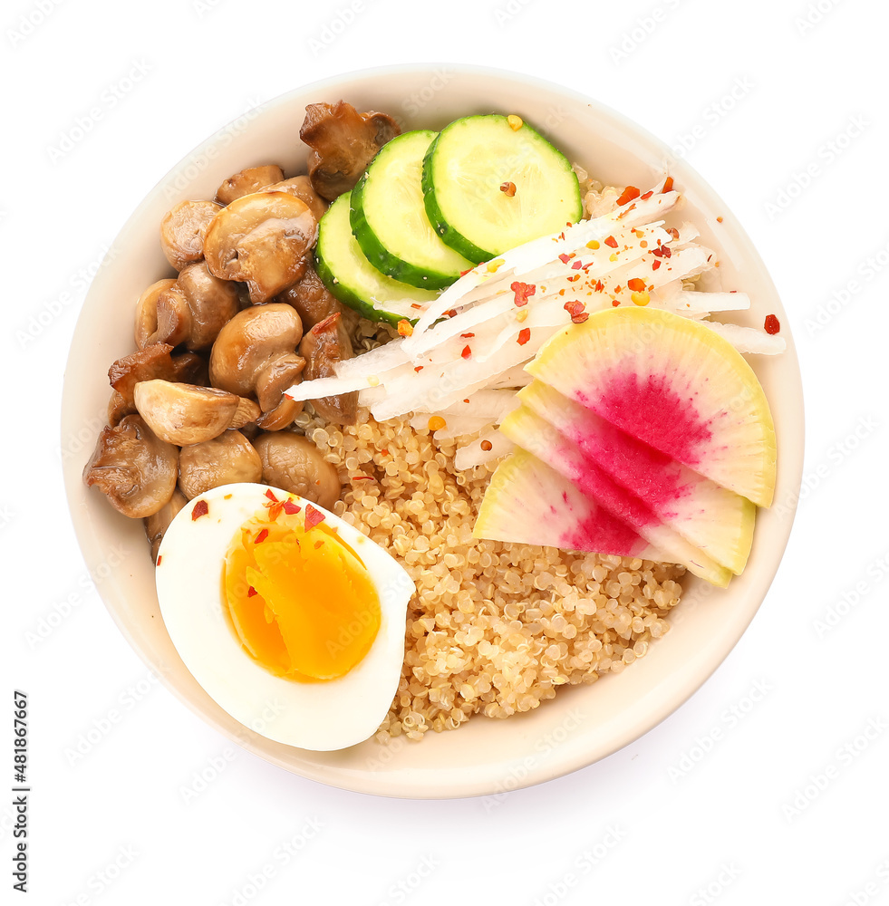 Healthy quinoa bowl with egg on white background