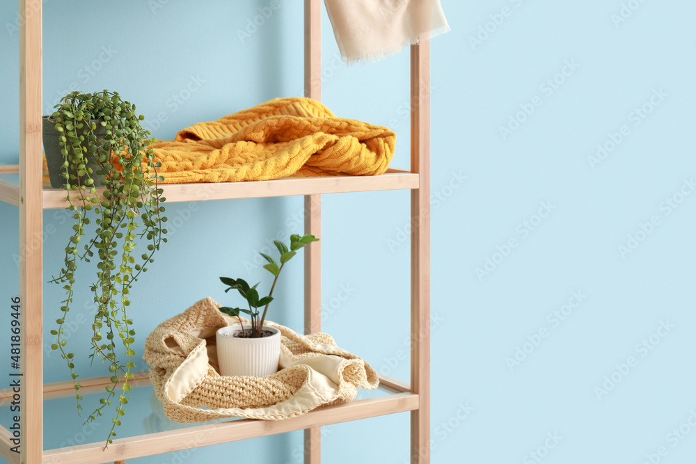 Wooden shelving unit with flowerpots near blue wall