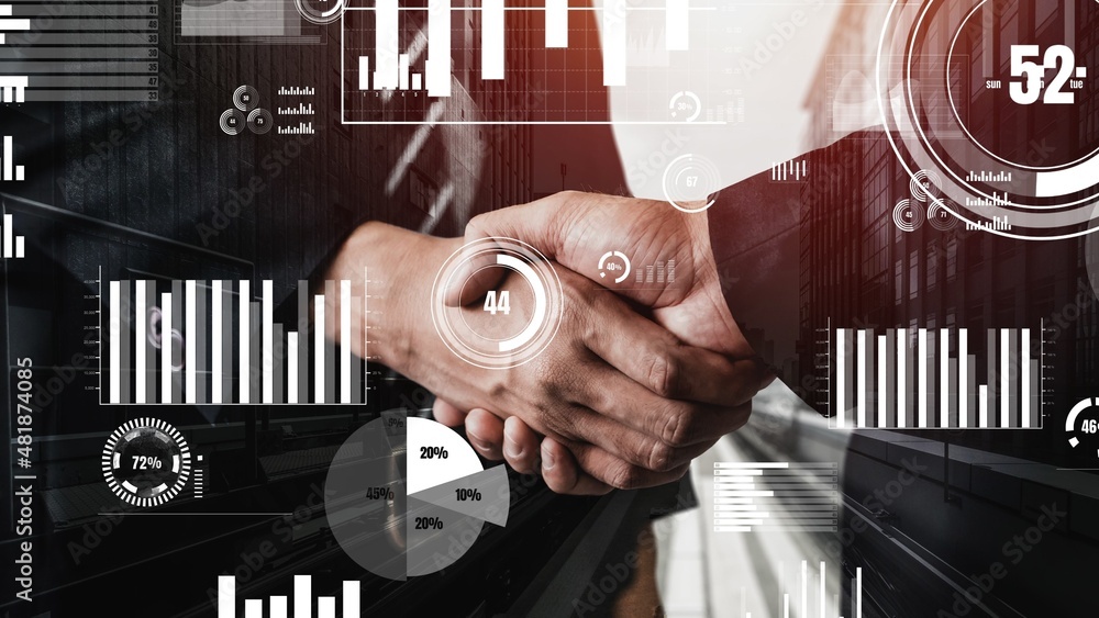 Conceptual business handshake with dashboard for financial data analysis . 3D render computer graphi