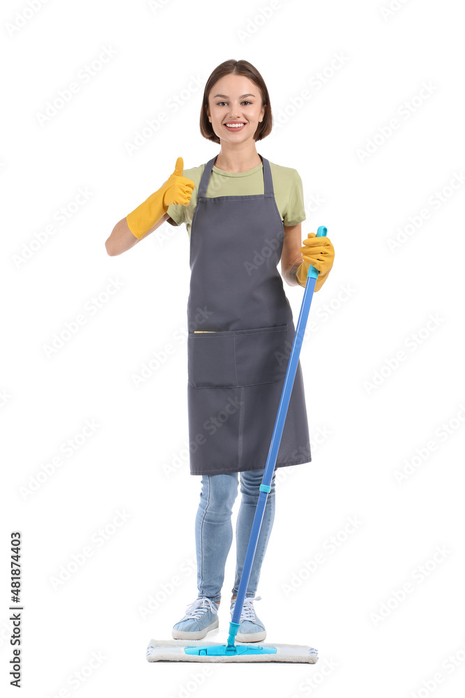 Beautiful young woman with floor mop showing thumb-up on white background