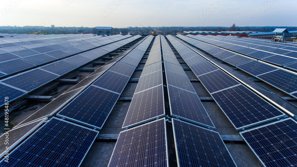 Solar power panel. Green energy. Electricity production. Energy panels. Ecological plant.