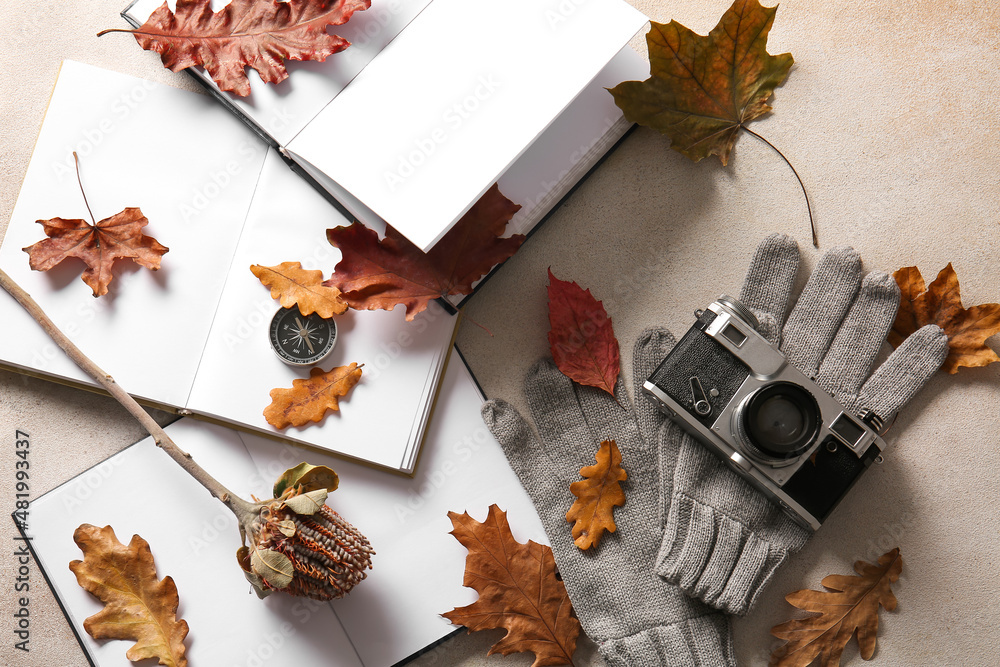 Blank books, warm gloves, photo camera and autumn decor on light background