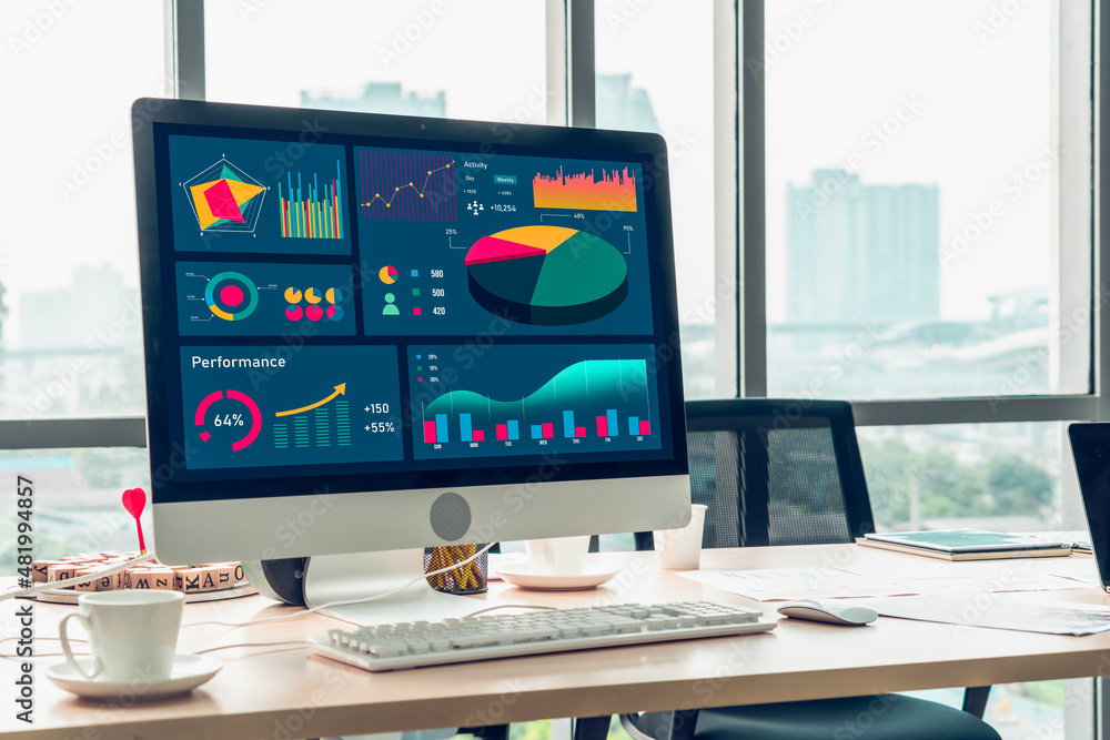 Business data dashboard analysis by ingenious computer software . Investment application display bus