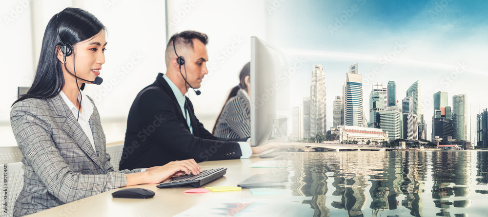 Business people wearing headset working in office to support remote customer or colleague. Call cent