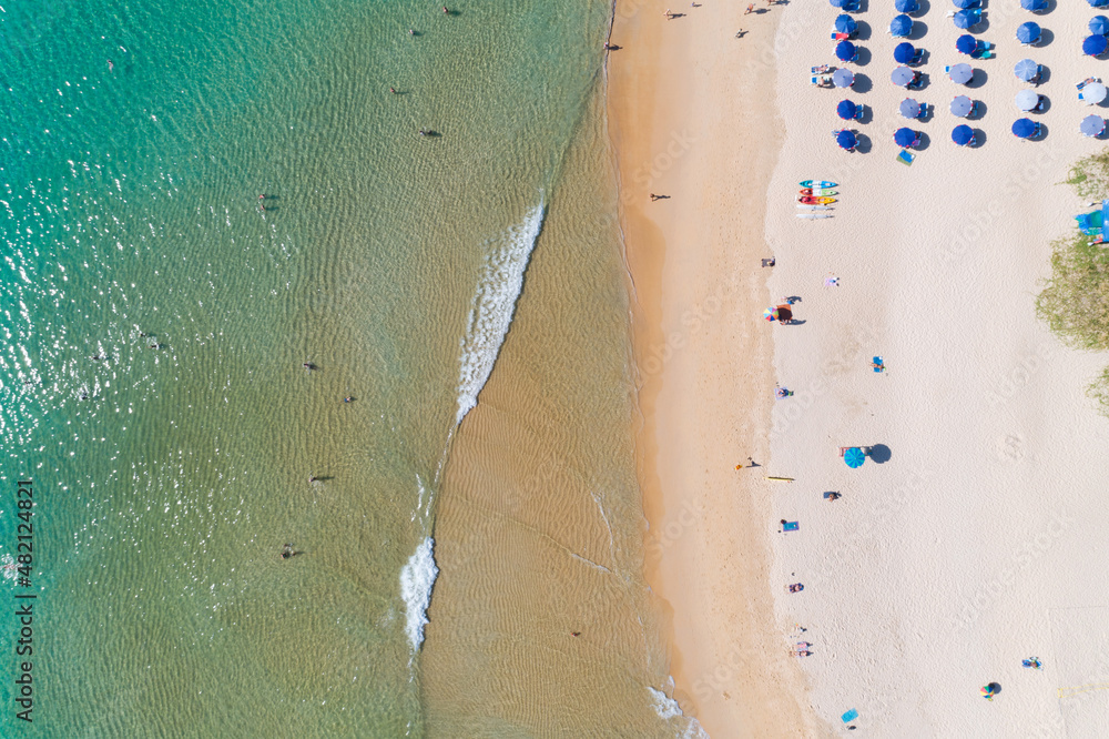 Aerial view Amazing sandy beach and small waves Beautiful tropical sea in the morning summer season 