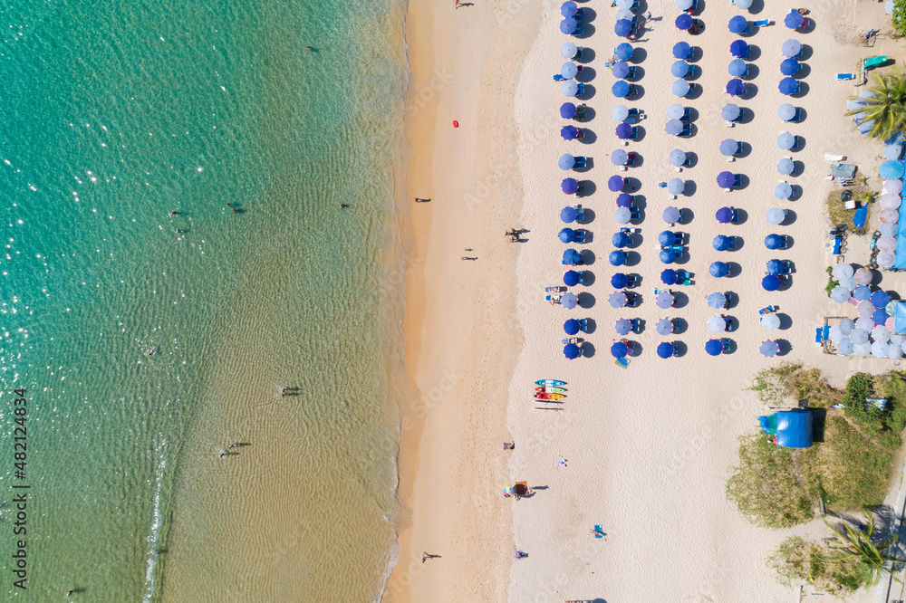 Aerial view Amazing sandy beach and small waves Beautiful tropical sea in the morning summer season 