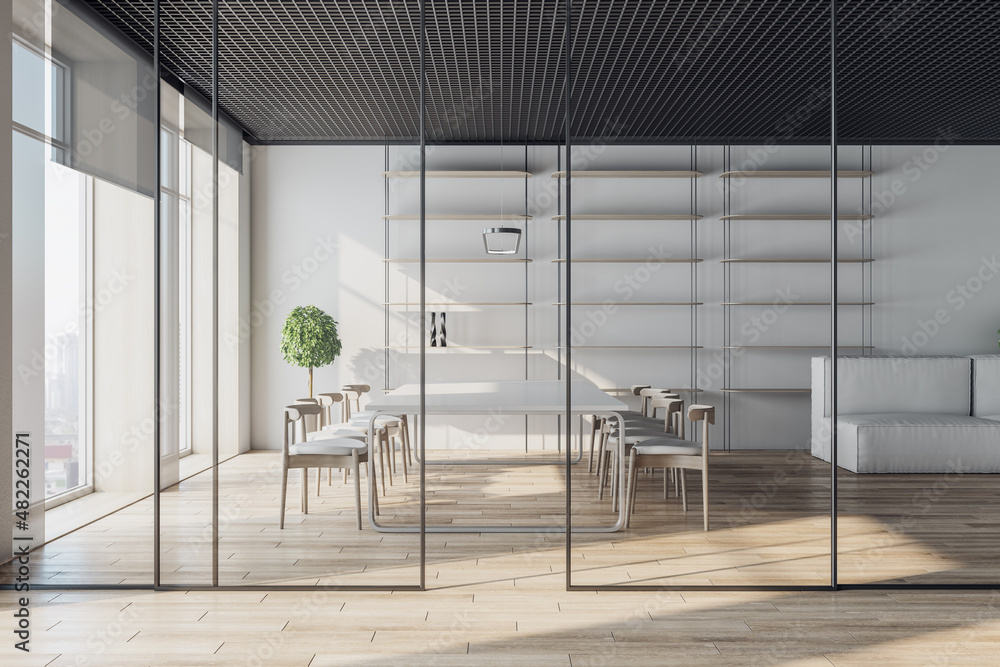 Modern conference room interior with window and city view, glass partition, wooden flooring and dayl