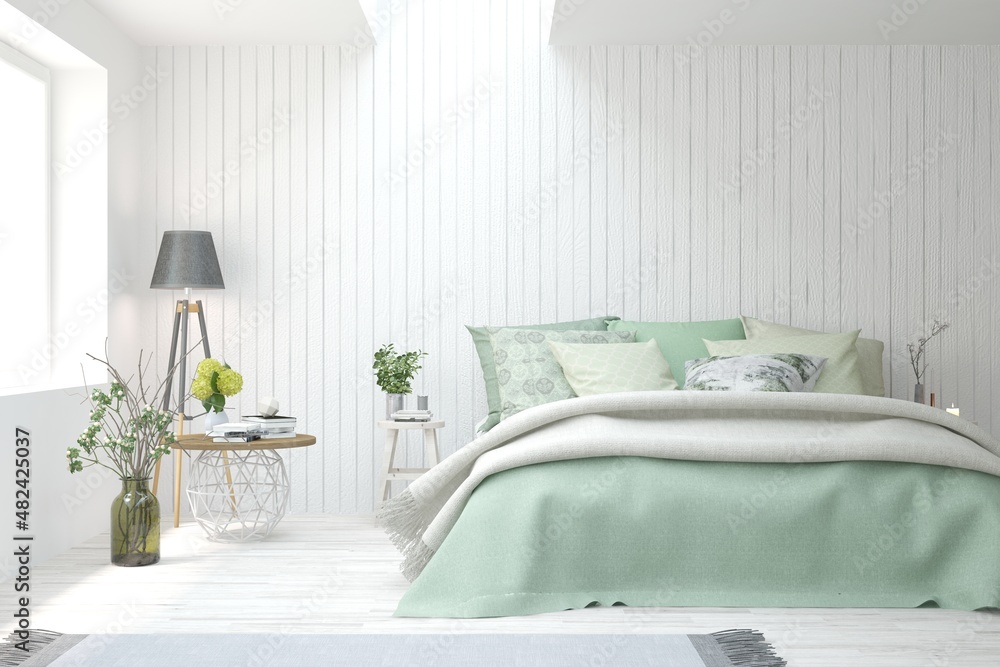 Soft color bedroom interior. Scandinavian design. 3D illustration