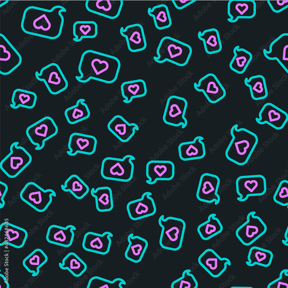 Line Heart in speech bubble icon isolated seamless pattern on black background. Happy Valentines day