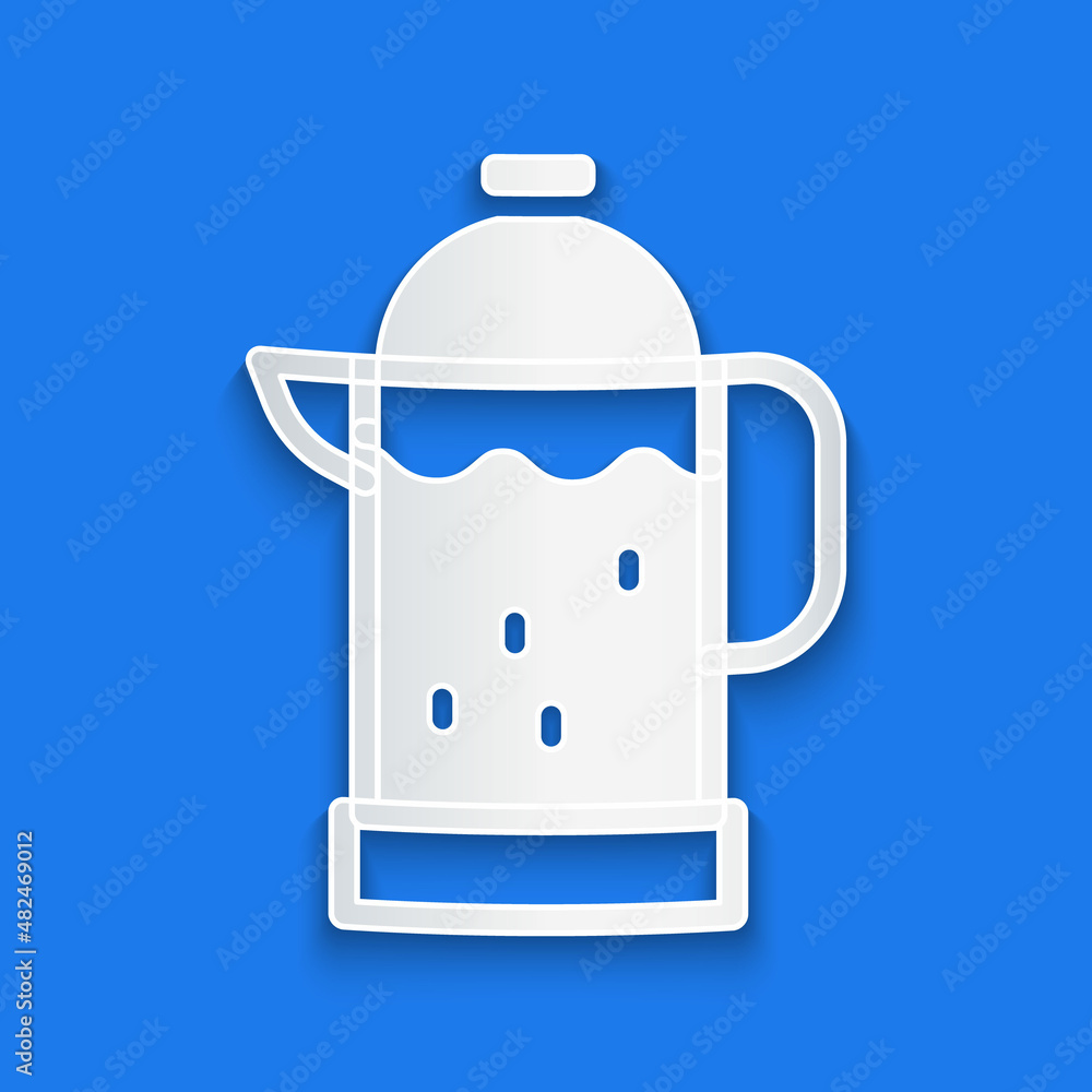 Paper cut French press icon isolated on blue background. Paper art style. Vector