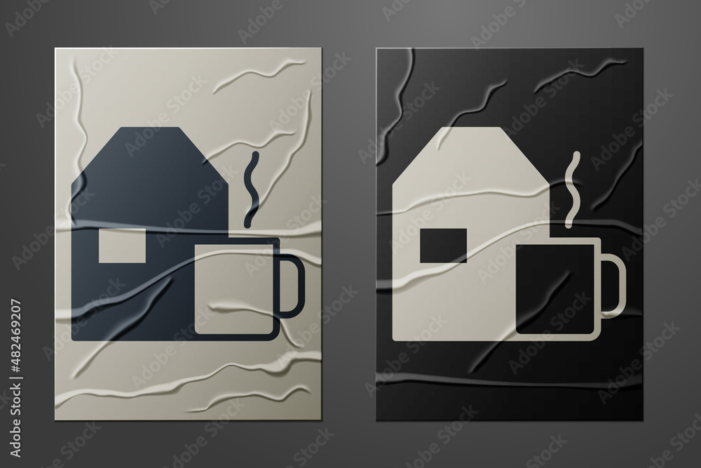 White Cup of tea with milk icon isolated on crumpled paper background. Paper art style. Vector