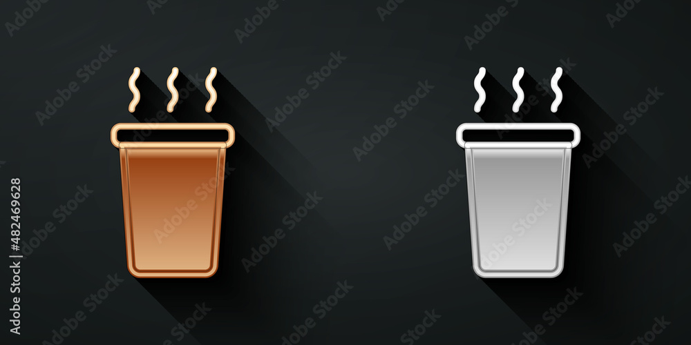 Gold and silver Cup of tea icon isolated on black background. Long shadow style. Vector