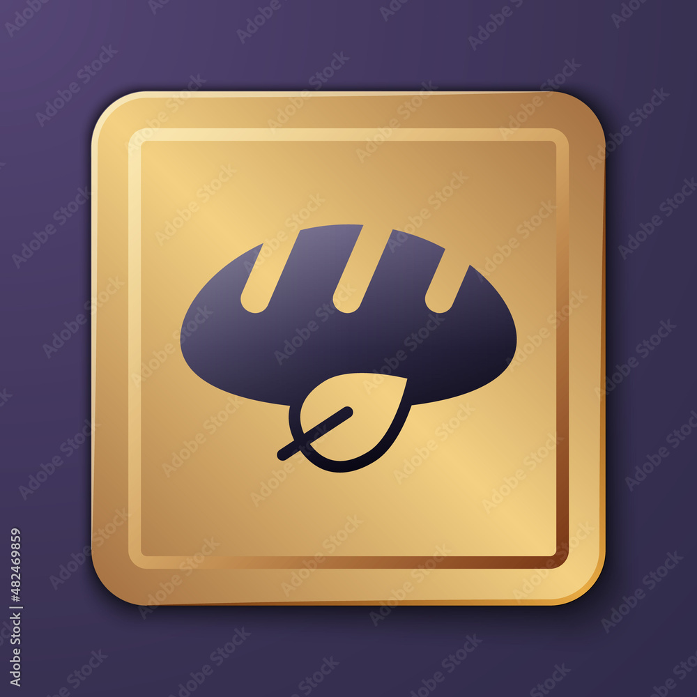 Purple Vegan bread loaf icon isolated on purple background. Gold square button. Vector