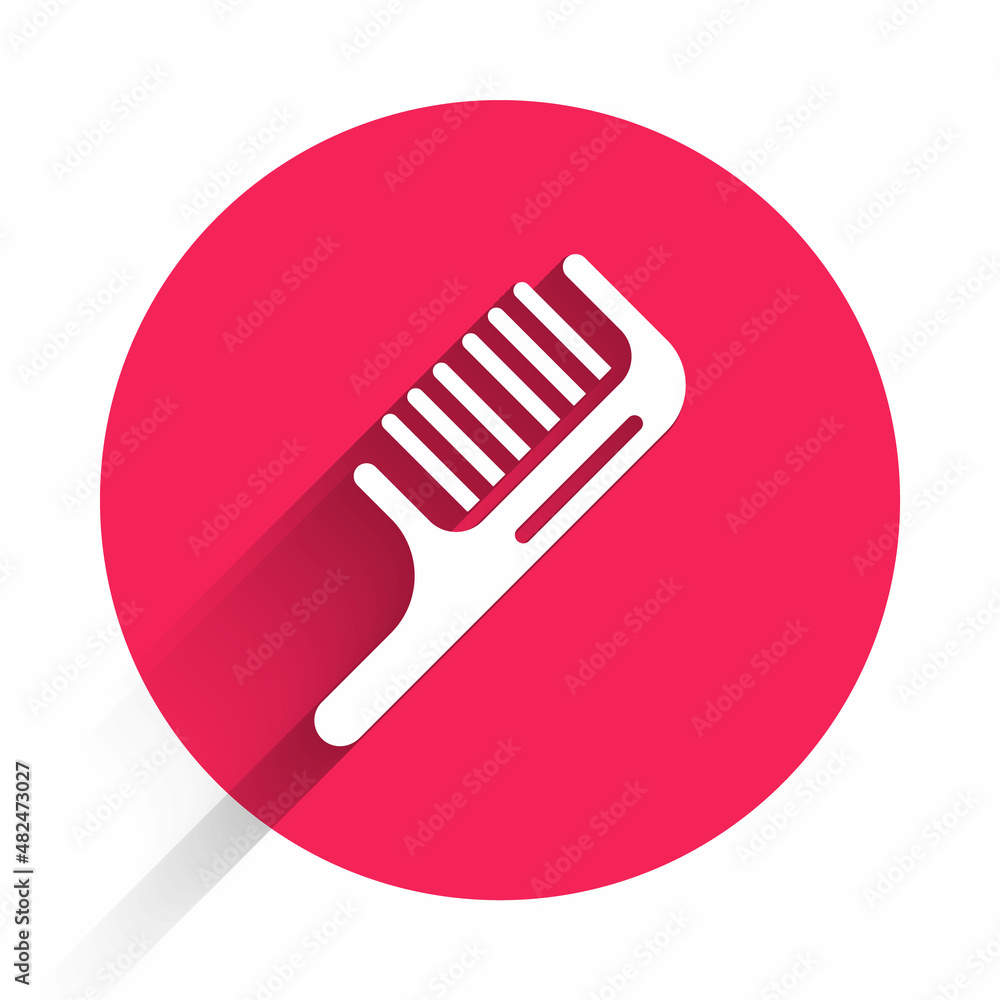 White Hairbrush icon isolated with long shadow background. Comb hair sign. Barber symbol. Red circle