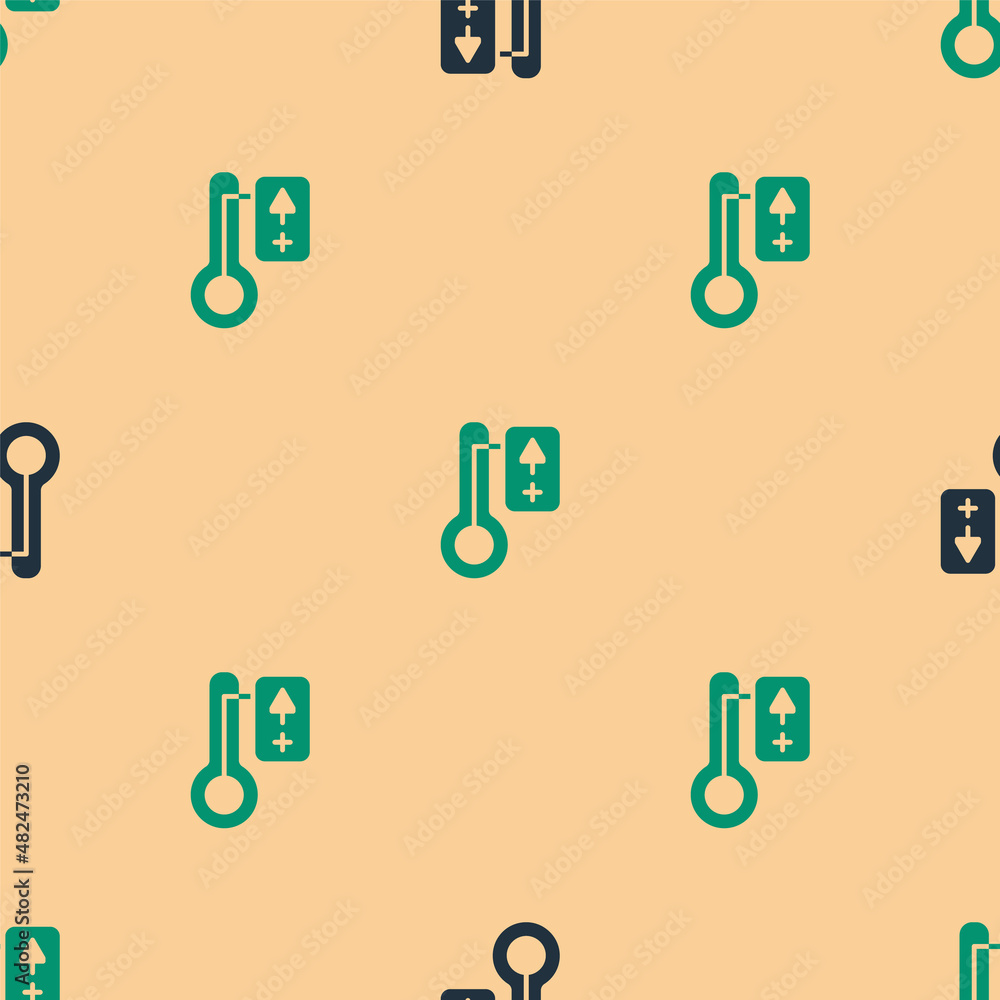 Green and black Sauna thermometer icon isolated seamless pattern on beige background. Sauna and bath