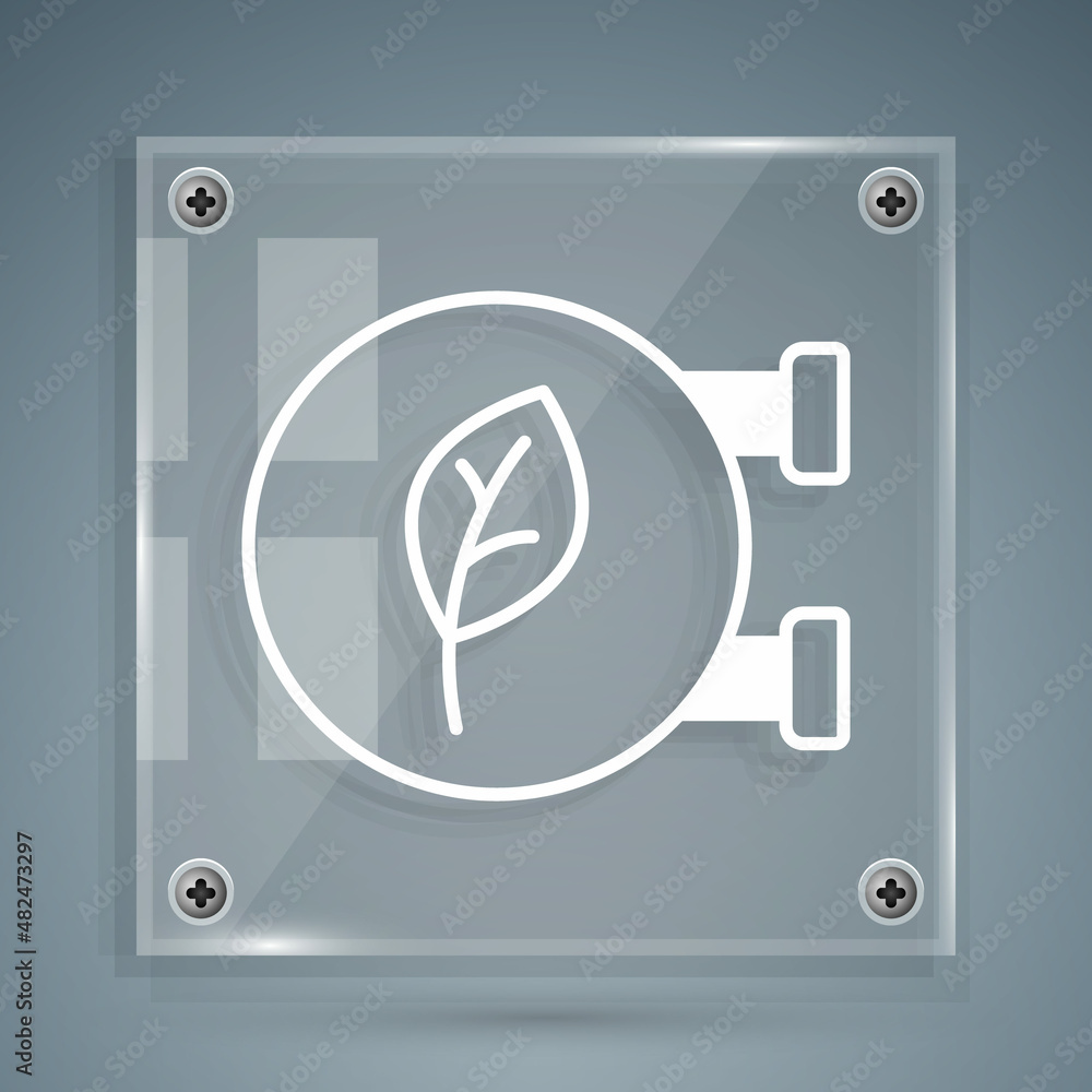 White Eco shop icon isolated on grey background. Organic shop or eco products sign. Square glass pan