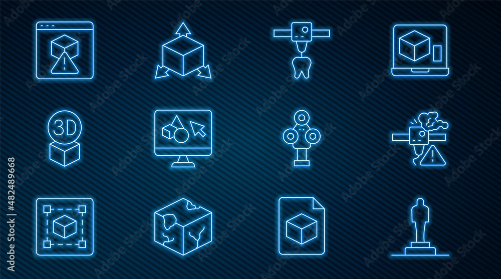设置线3D打印机型号、警告、牙齿、软件、等角立方体、扫描仪和图标。矢量