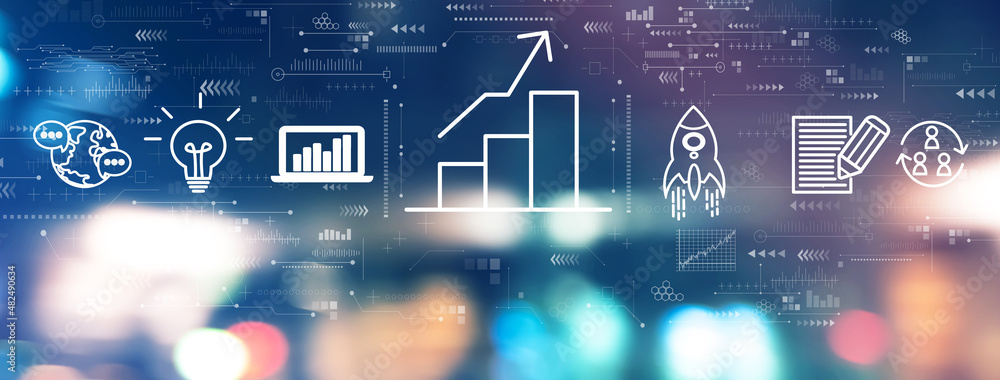 Business growth analysis with blurred city lights at night