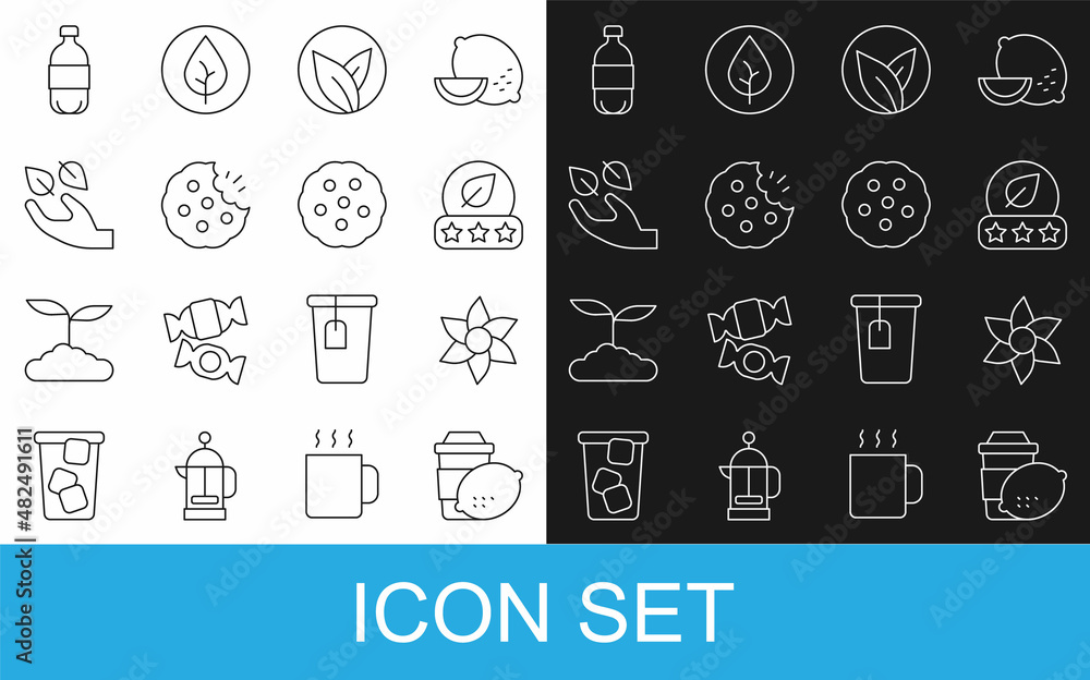 Set line Cup of tea with lemon, Flower, Tea leaf, Cookie or biscuit, in hand, Bottle water and icon.