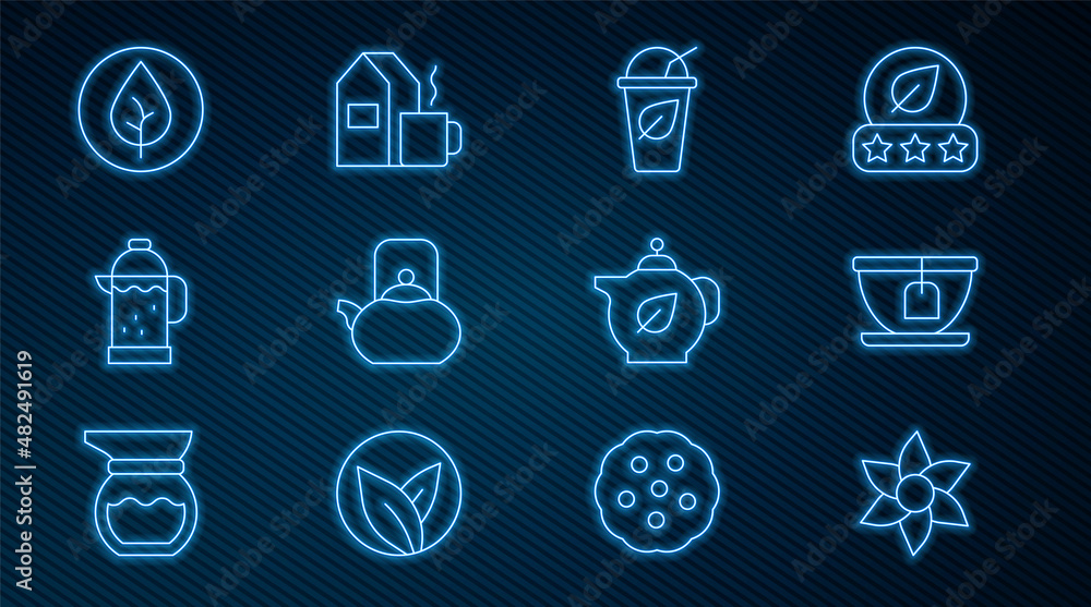 Set line Flower, Cup with tea bag, of leaf, Kettle handle, French press, Tea, Teapot and milk icon. 