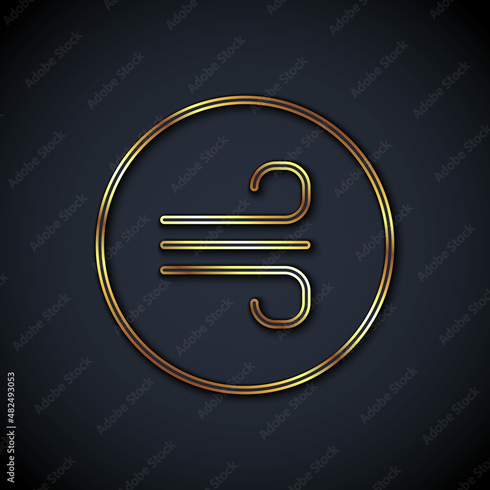 Gold line Windy weather icon isolated on black background. Cloud and wind. Vector