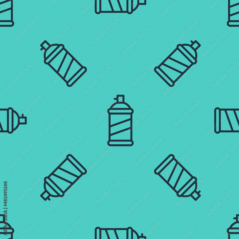 Black line Paint spray can icon isolated seamless pattern on green background. Vector