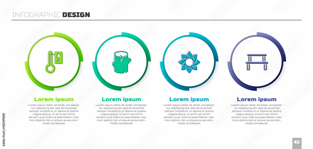 设置桑拿温度计，原木，花和木长凳。商业信息图模板。矢量