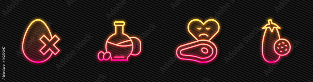 Set line Steak meat, No egg, Bottle of olive oil and Eggplant. Glowing neon icon. Vector