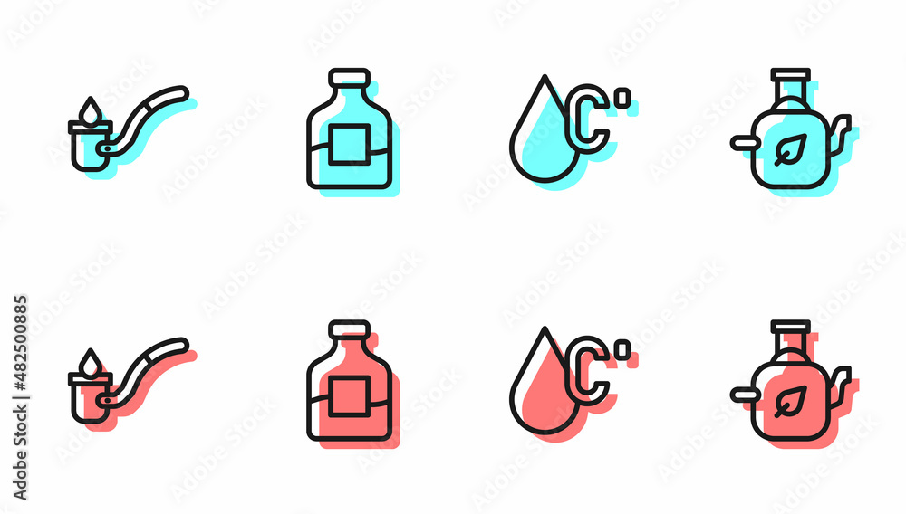 设置线水温、桑拿勺、一瓶伏特加和带有叶子图标的茶壶。矢量