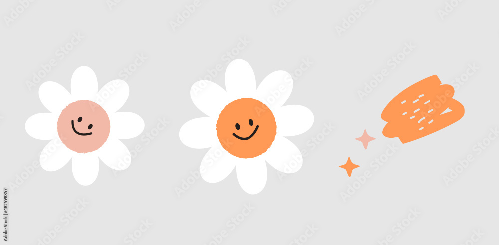 Cute flower cartoons and hand drawn abstract orange paint brush strokes vector illustration. Nursery