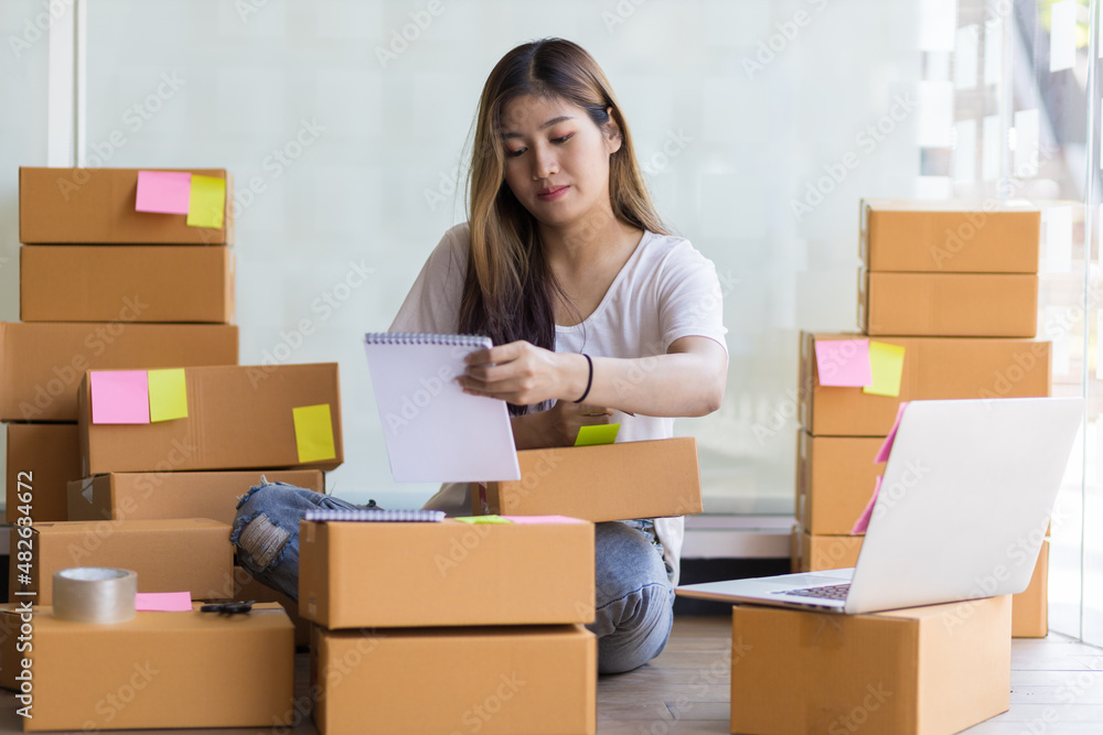 A small business owner online saleswoman checking orders and merchandise.