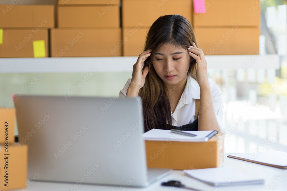 A young woman starting an online business works on her laptop and waits for orders.