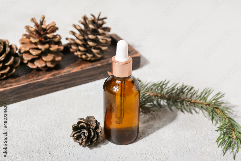 Bottle with essential oil, fir branch and pine cones on light background