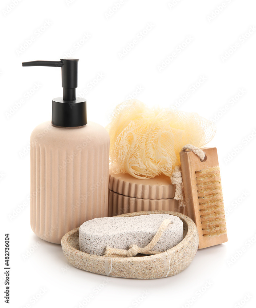 Set of bath supplies with pumice on white background