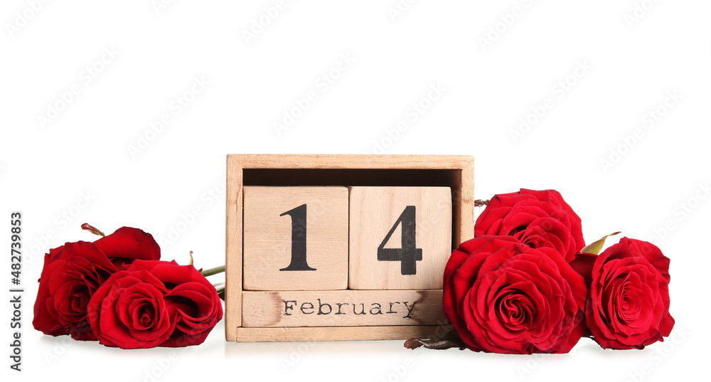 Calendar with date of Valentines Day and red roses on white background