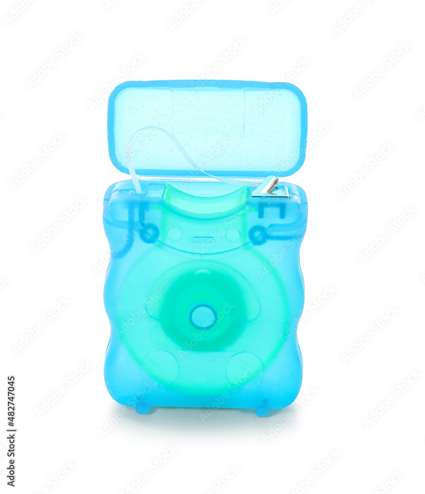 Blue dental floss on white background