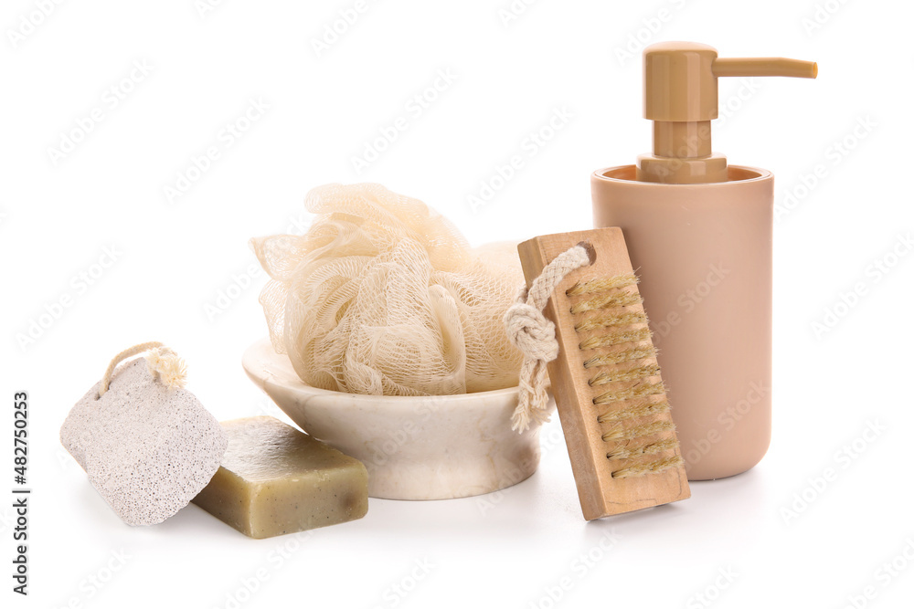 Set of bath accessories isolated on white background