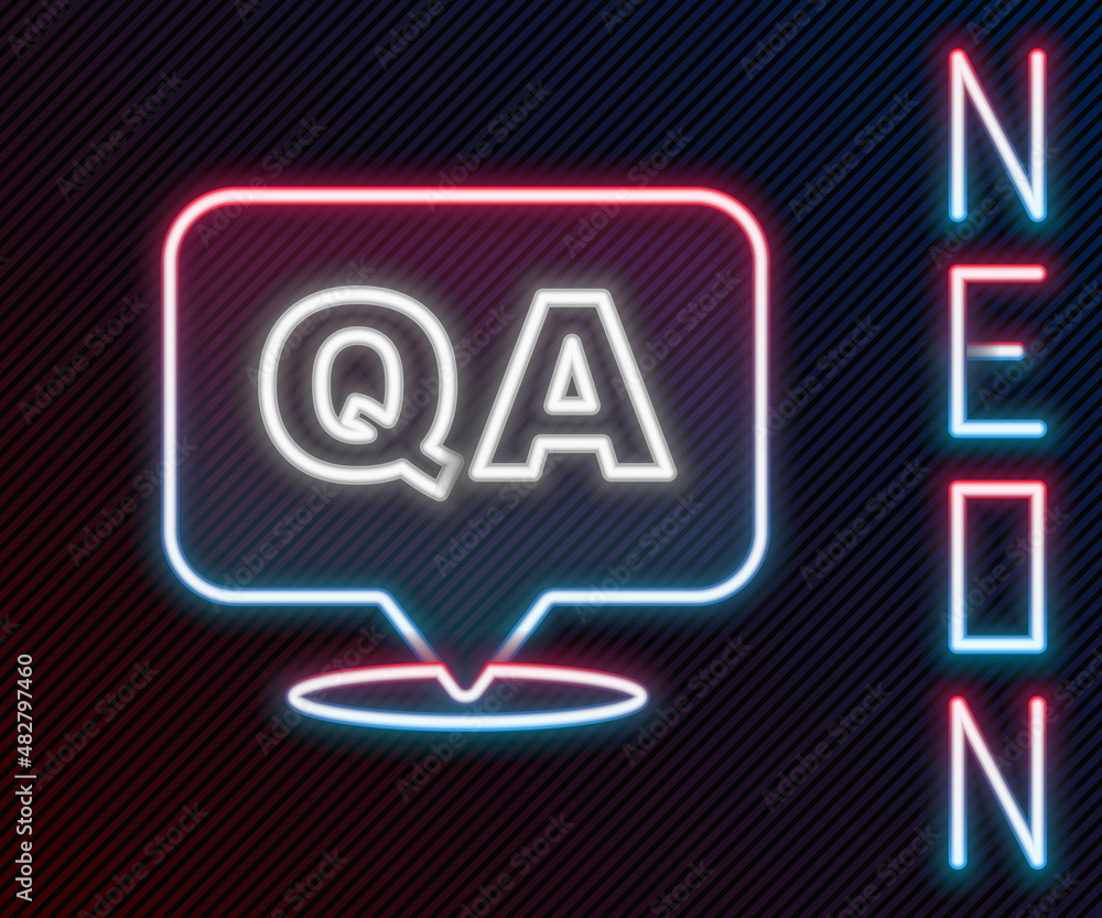 Glowing neon line Speech bubbles with Question and Answer icon isolated on black background. Q and A