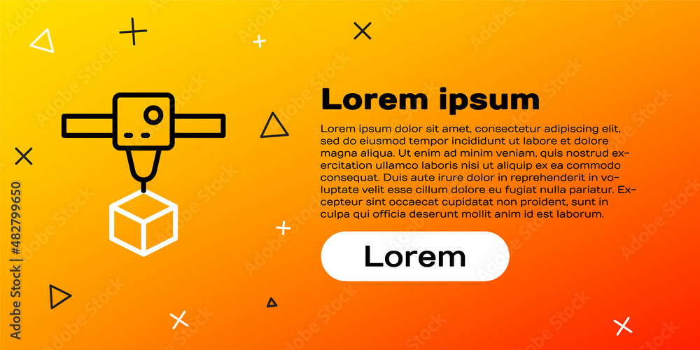 线条3D打印机立方体图标隔离在黄色背景上。3D打印。彩色轮廓概念。Vect
