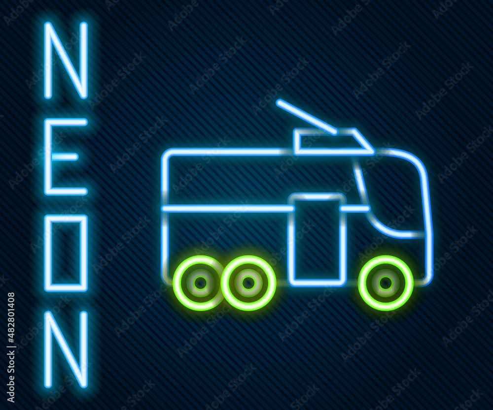 Glowing neon line Trolleybus icon isolated on black background. Public transportation symbol. Colorf