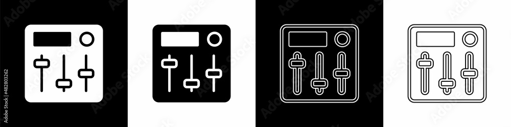 设置混音器控制器图标隔离在黑白背景上。Dj设备滑块按钮。