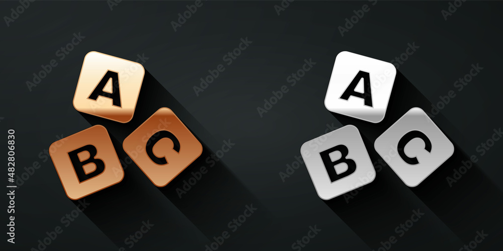 Gold and silver ABC blocks icon isolated on black background. Alphabet cubes with letters A,B,C. Lon