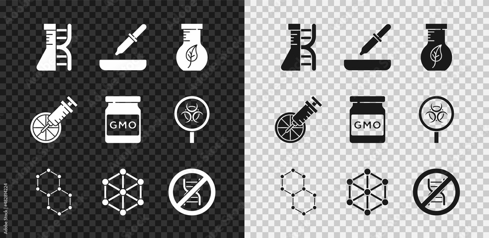 Set DNA research, search, Pipette, Test tube and flask, Chemical formula, GMO, Stop, Genetically mod