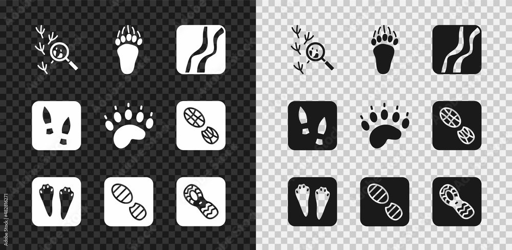 设置鸟的足迹、熊掌、蛇、兔子和野兔、人类足迹鞋和图标。矢量