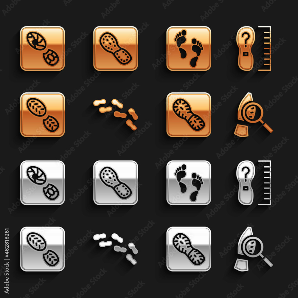 Set Human footprints shoes, Square measure size, Magnifying glass with footsteps, and icon. Vector