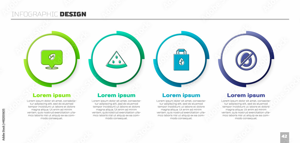 设置素食、西瓜、带回收和无肉购物袋。商业信息图模板