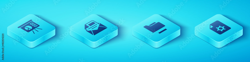 Set Isometric Board with graph, Mail and e-mail, Document settings and folder icon. Vector