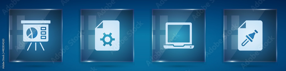 Set Board with graph, Document settings, Laptop and Note paper push button. Square glass panels. Vec