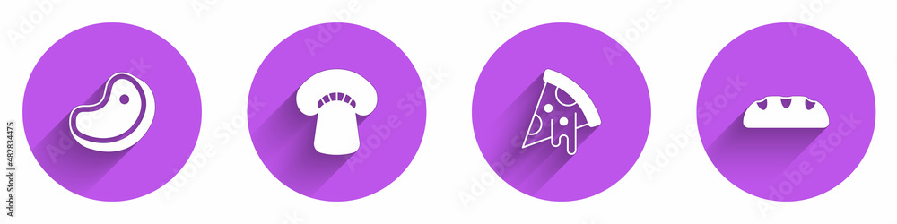 Set Steak meat, Mushroom, Slice of pizza and Bread loaf icon with long shadow. Vector